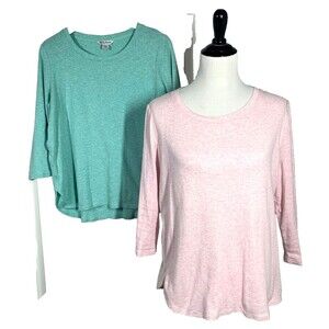 Tommy Bahama T-Shirt Tops Womens L 1- Green 1- Pink 3/4 Sleeve Cotton Set of 2